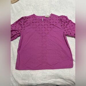 LOFT Purple Eyelet short puff sleeve Top size small